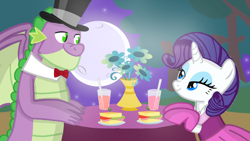 Size: 1280x720 | Tagged: safe, artist:mlplary6, rarity, spike, dragon, pony, unicorn, g4, clothes, date, dress, female, flower, food, gigachad spike, looking at each other, looking at someone, male, mare, moon, older, older spike, ship:sparity, shipping, smiling, smiling at each other, straight