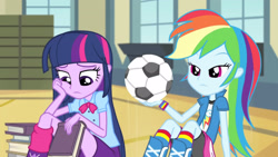 Size: 3410x1920 | Tagged: safe, screencap, rainbow dash, twilight sparkle, equestria girls, g4, my little pony equestria girls: rainbow rocks, shake your tail, book, boots, clothes, cutie mark on clothes, duo, duo female, female, football, high res, shoes, sports