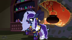 Size: 2500x1406 | Tagged: safe, artist:dianamur, artist:princessmoonsilver, oc, oc only, oc:krystel, pony, unicorn, base used, bow, cauldron, clothes, complex background, cosplay, costume, dress, eyelashes, female, fire, fireplace, hair bow, horn, indoors, league of legends, mare, open mouth, open smile, raised hoof, smiling, solo