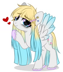 Size: 1174x1341 | Tagged: safe, artist:carbutt69, artist:jeffapegas, oc, oc only, oc:brave jockey, pegasus, pony, base used, colored hooves, colored wings, ear piercing, earring, hairpin, heart, jewelry, multicolored eyes, multicolored hair, piercing, simple background, solo, waving, white background, wings