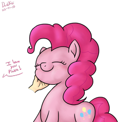 Size: 2000x2000 | Tagged: safe, artist:dashyoshi, pinkie pie, earth pony, pony, g4, blushing, caress, cute, diapinkes, eyes closed, hand, high res, i love you, krita, offscreen character, offscreen human, petting, puppy pie, simple background, solo, transparent background