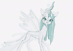 Size: 2041x1433 | Tagged: safe, artist:inkhooves, queen chrysalis, changeling, changeling queen, g4, female, looking at you, mare, monochrome, simple background, solo, white background