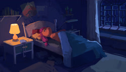 Size: 3840x2198 | Tagged: safe, artist:inkhooves, sunny starscout, earth pony, pony, g5, bed, bedroom, female, high res, lamp, lying down, lying on bed, mare, on bed, solo
