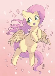 Size: 1697x2318 | Tagged: safe, artist:yanamosuda, fluttershy, butterfly, pegasus, pony, g4, blushing, cute, female, flying, mare, open mouth, shyabetes, solo, spread wings, wings
