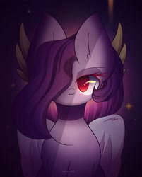Size: 1850x2300 | Tagged: safe, artist:miryelis, pipp petals, pegasus, pony, g5, dark, evil, female, looking at you, one eye covered, red eyes, red-eyed pipp, simple background, smiling, smiling at you, solo, wings