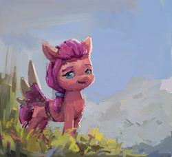 Size: 1118x1019 | Tagged: safe, artist:inkhooves, sunny starscout, earth pony, pony, g5, fake wings, female, filly, filly sunny starscout, foal, grass, looking at you, sky, solo, younger