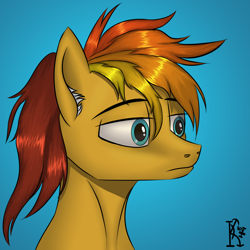 Size: 2000x2000 | Tagged: safe, artist:kirov, oc, oc only, pegasus, pony, blue background, blue eyes, bust, high res, male, multicolored hair, orange coat, portrait, simple background, solo