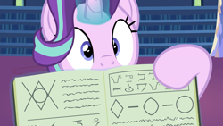 Size: 1920x1080 | Tagged: safe, artist:agrol, screencap, starlight glimmer, pony, unicorn, animation:the god of ponies, g4, book, constructed language, cute, female, glimmerbetes, hoof pointing, magic, magic aura, magic book, mare, solo, youtube link