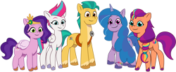 Size: 1024x420 | Tagged: safe, artist:emeraldblast63, hitch trailblazer, izzy moonbow, pipp petals, sunny starscout, zipp storm, earth pony, pegasus, pony, unicorn, g5, my little pony: tell your tale, female, group, male, mane five, mane stripe sunny, mare, simple background, size difference, stallion, transparent background, vector