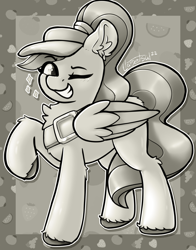 Size: 1248x1588 | Tagged: safe, artist:llametsul, fifi (g5), pegasus, pony, g5, my little pony: tell your tale, confident, eye clipping through hair, eyebrows, eyebrows visible through hair, female, fruit, grayscale, grin, looking at you, mare, monochrome, one eye closed, raised hoof, signature, smiling, smiling at you, solo, wink, winking at you