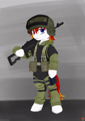 Size: 2480x3508 | Tagged: safe, artist:cunben_mapleleaf, oc, oc:sovietsnow, pony, armor, bipedal, frown, gun, high res, male, mare, soldier, weapon