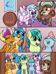 Size: 768x1024 | Tagged: safe, artist:doomfister, artist:mrleft, gallus, ocellus, sandbar, silverstream, smolder, yona, changeling, dragon, earth pony, griffon, hippogriff, pony, yak, series:school snacks, g4, belly, comic, digestion, female, galluspred, male, mare, ocelluspred, post-vore, smolderpred, stallion, story in the source, vore, weight gain, yonapred