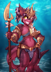 Size: 3094x4358 | Tagged: safe, artist:drizziedoodles, oc, oc only, oc:oxide, original species, shark, shark pony, anthro, armor, belt, breasts, celtic knot, cleavage, crown, ear piercing, earring, female, freckles, furry, gauntlet, grin, jewelry, knife, knotwork, loincloth, midriff, piercing, ponytail, regalia, sharp teeth, sheath, smiling, solo, spear, species swap, teeth, triskelion, underwater, valknut, weapon, yellow eyes