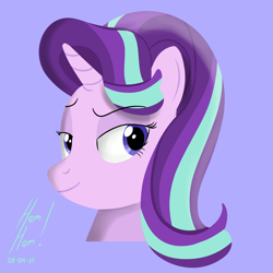 Size: 5000x5000 | Tagged: safe, artist:hamham, starlight glimmer, pony, unicorn, absurd resolution, bust, eyebrows, eyebrows visible through hair, female, lidded eyes, looking at you, mare, purple background, signature, simple background, smiling, smiling at you, solo