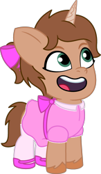 Size: 1394x2381 | Tagged: safe, alternate version, artist:peternators, oc, oc only, oc:heroic armour, pony, unicorn, g5, my little pony: tell your tale, bow, brown mane, brown tail, clothes, colt, crossdressing, dress, foal, full body, hair bow, hoof shoes, hooves, horn, male, mary janes, open mouth, open smile, ponytail, shoes, show accurate, simple background, smiling, socks, solo, standing, tail, thigh highs, transparent background, unicorn oc, unshorn fetlocks