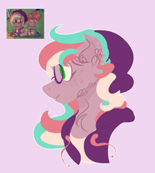 Size: 1280x1427 | Tagged: safe, artist:upbeatundead, oc, oc:kookie crafter, pegasus, pony, pony town, clothes, ear fluff, glasses, green eyes, hat, hoodie, looking offscreen, multicolored hair, neck fluff, pegasus oc, purple background, purple fur, redraw, simple background, solo