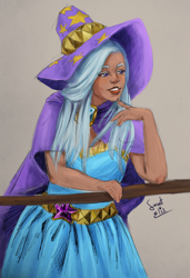 Size: 874x1280 | Tagged: safe, artist:elisdoominika, trixie, human, g4, bedroom eyes, cape, clothes, dress, hat, humanized, looking sideways, smiling, solo, trixie's cape, trixie's hat