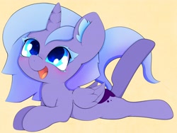 Size: 4000x3000 | Tagged: safe, artist:zokkili, princess luna, alicorn, pony, g4, colored eyelashes, cute, ear fluff, ethereal mane, female, filly, foal, high res, horn, lunabetes, lying down, open mouth, open smile, prone, simple background, smiling, solo, starry eyes, starry mane, wingding eyes, wings, woona, yellow background, younger