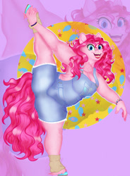 Size: 941x1280 | Tagged: safe, artist:kalamitykitty, pinkie pie, earth pony, anthro, unguligrade anthro, g4, armpit hair, big breasts, bracelet, breasts, busty pinkie pie, cleavage, cleavage fluff, clothes, colored hooves, fat, female, flexible, jewelry, leg warmers, open mouth, open smile, overalls, pudgy pie, smiling, solo, splits, standing, standing on one leg, vertical split, zoom layer