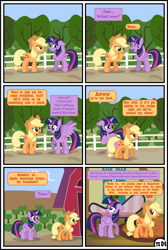 Size: 3255x4838 | Tagged: safe, artist:gutovi, applejack, twilight sparkle, alicorn, earth pony, pegasus, pony, unicorn, comic:why me!?, g4, alternate ending, blushing, comic, female, hat, high res, lesbian, mare, ship:twijack, shipping, show accurate, sweet apple acres, twilight sparkle (alicorn)