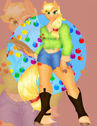 Size: 989x1280 | Tagged: safe, artist:kalamitykitty, applejack, earth pony, anthro, unguligrade anthro, g4, applejack's hat, clothes, cowboy hat, denim shorts, female, fluffy, front knot midriff, hat, i don't know what to tag that kind of footwear, looking at you, midriff, shorts, solo, unshorn fetlocks, zoom layer