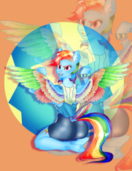 Size: 989x1280 | Tagged: safe, artist:kalamitykitty, rainbow dash, pegasus, anthro, unguligrade anthro, g4, back, colored wings, ear fluff, ear piercing, eyebrow piercing, female, flexing, looking at you, looking back, looking back at you, multicolored wings, piercing, rainbow wings, rear view, solo, spread wings, tail, tail feathers, tail hole, undercut, underhoof, wings, workout outfit, wristband, zoom layer