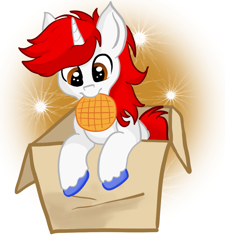 Size: 921x1024 | Tagged: safe, artist:stjonal, oc, oc only, oc:stroopwafeltje, pony, unicorn, box, cardboard box, cute, food, mascot, pony in a box, simple background, sitting, solo, unshorn fetlocks, waffle, white background