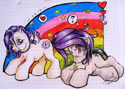 Size: 695x499 | Tagged: safe, artist:fukari, oc, oc only, oc:celtic cross, oc:toxic apple, pegasus, pony, g3, :p, duo, graph paper, heart, jewelry, necklace, pegasus oc, pictogram, question mark, rainbow, tongue out, traditional art, wings