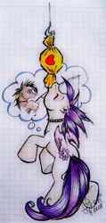 Size: 351x740 | Tagged: safe, artist:fukari, oc, oc only, oc:celtic cross, oc:toxic apple, pegasus, pony, candy, duo, eyes closed, fishing rod, food, graph paper, kissing, pegasus oc, thought bubble, traditional art, underhoof, wings
