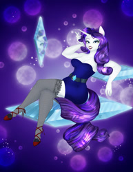 Size: 989x1280 | Tagged: safe, artist:kalamitykitty, rarity, unicorn, anthro, unguligrade anthro, g4, abstract background, breasts, busty rarity, clothes, crossed legs, dress, female, gem, hoof shoes, lipstick, looking at you, reflection, smiling, solo, stockings, thigh highs