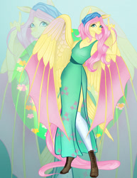 Size: 989x1280 | Tagged: safe, artist:kalamitykitty, fluttershy, bat pony, anthro, unguligrade anthro, g4, bandana, bat ponified, clothes, colored wings, dress, fangs, feathered wings, female, flutterbat, hoof boots, hybrid wings, kneesocks, membranous wings, multicolored wings, race swap, side slit, slit pupils, socks, solo, tail, tail feathers, total sideslit, wings, zoom layer