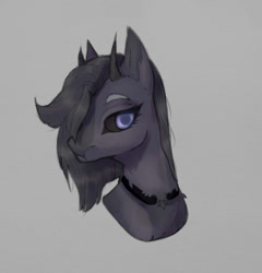 Size: 1035x1080 | Tagged: safe, artist:meggychocolatka, oc, oc only, pony, black sclera, bust, gray background, horns, simple background, solo