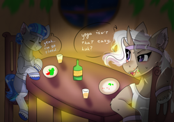 Size: 4000x2799 | Tagged: safe, artist:valkiria, oc, oc only, oc:saph quills, oc:valkiria, earth pony, pony, unicorn, apple, bean, blue hair, bottle, chair, clothes, dialogue, drink, earth pony oc, eyes closed, fangs, food, food on face, glass, head down, headband, herbivore, horn, leg band, looking at each other, looking at someone, multiple horns, plate, restaurant, salad, scar, shorts, shot glass, smiling, smiling at each other, sweat, table, tail, tank top, two toned mane, two toned tail, unicorn oc, unshorn fetlocks, white hair, workout outfit, wristband
