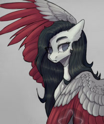 Size: 902x1080 | Tagged: safe, artist:meggychocolatka, oc, oc only, pegasus, pony, bust, colored wings, female, gray background, mare, simple background, solo, two toned wings, wings