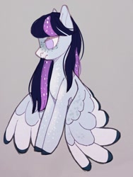 Size: 810x1080 | Tagged: safe, artist:meggychocolatka, oc, oc only, pegasus, pony, bust, colored wings, female, freckles, gray background, mare, pegasus oc, simple background, solo, two toned wings, wings