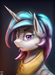 Size: 1000x1346 | Tagged: safe, artist:vezja, princess celestia, alicorn, pony, equestria at war mod, g4, abstract background, angry, bust, celestia is not amused, female, horn, jewelry, mare, peytral, portrait, regalia, signature, simple background, solo, unamused, wings