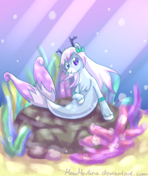 Size: 984x1172 | Tagged: safe, artist:churobu, oc, oc only, oc:moon sparkle, merpony, pony, sea pony, seapony (g4), bubble, chest fluff, coral, crepuscular rays, female, fish tail, flowing mane, flowing tail, mare, ocean, pink mane, ribbon, seaponified, seaweed, smiling, solo, species swap, sunlight, tail, underwater, unshorn fetlocks, water