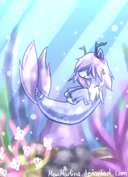 Size: 1244x1716 | Tagged: safe, artist:churobu, oc, oc only, oc:moon sparkle, pony, sea pony, seapony (g4), antlers, coral, crepuscular rays, fish tail, hair over eyes, ocean, purple mane, seaponified, seapony oc, smiling, solo, species swap, sunlight, swimming, tail, underwater, unshorn fetlocks, water