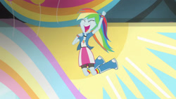 Size: 3410x1920 | Tagged: safe, screencap, rainbow dash, equestria girls, g4, my little pony equestria girls: rainbow rocks, shake your tail, boots, clothes, cutie mark on clothes, eyes closed, female, high res, open mouth, open smile, shoes, smiling, solo