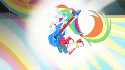 Size: 3410x1920 | Tagged: safe, screencap, rainbow dash, equestria girls, g4, my little pony equestria girls: rainbow rocks, shake your tail, boots, electric guitar, eyes closed, female, guitar, high res, musical instrument, open mouth, open smile, ponied up, shoes, smiling, solo