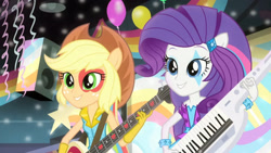 Size: 3410x1920 | Tagged: safe, screencap, applejack, rarity, equestria girls, g4, my little pony equestria girls: rainbow rocks, shake your tail, applejack's hat, bass guitar, cowboy hat, duo, duo female, female, hat, high res, musical instrument, palindrome get, ponied up, smiling