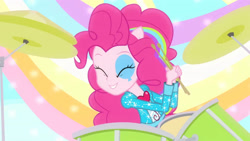 Size: 3410x1920 | Tagged: safe, screencap, pinkie pie, equestria girls, g4, my little pony equestria girls: rainbow rocks, shake your tail, cute, diapinkes, drum kit, drums, drumsticks, eyes closed, female, high res, musical instrument, ponied up, smiling, solo