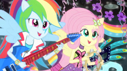 Size: 3410x1920 | Tagged: safe, screencap, fluttershy, rainbow dash, equestria girls, g4, my little pony equestria girls: rainbow rocks, shake your tail, bare shoulders, duo, duo female, electric guitar, female, guitar, high res, musical instrument, open mouth, open smile, ponied up, sleeveless, smiling, spread wings, strapless, tambourine, wings
