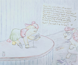 Size: 1280x1063 | Tagged: safe, artist:docard, apple bloom, twist, earth pony, pony, g4, clothes, dress, female, filly, foal, microphone, microphone stand, singing, song, text, traditional art