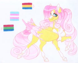 Size: 3709x2978 | Tagged: safe, artist:frozensoulpony, fluttershy, pony, g4, alternate design, colored wings, headcanon, high res, multicolored wings, pansexual, pansexual pride flag, polysexual, polysexual pride flag, pride, pride flag, sexuality headcanon, solo, traditional art, trans fluttershy, transgender, transgender pride flag, wings