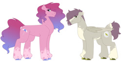 Size: 1280x640 | Tagged: safe, artist:itstechtock, cranberry pit, oc, oc:pinfeather, earth pony, pegasus, pony, female, male, mare, older, older cranberry pit, simple background, stallion, white background