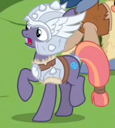 Size: 247x274 | Tagged: safe, screencap, hayrick the blue, sun cross, earth pony, pony, campfire tales, g4, cropped, female, mare, mighty helm, offscreen character, solo focus