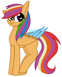 Size: 1024x1274 | Tagged: safe, artist:marbleflowers, rainbow dash, scootaloo, oc, oc:scootadash, pegasus, pony, g4, colored wings, female, fusion, multicolored hair, multicolored tail, orange fur, purple eyes, signature, simple background, smiling, solo, tail, transparent background, wings