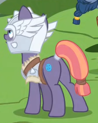 Size: 243x304 | Tagged: safe, screencap, sun cross, earth pony, pony, campfire tales, g4, butt, cropped, mighty helm, offscreen character, plot, solo focus