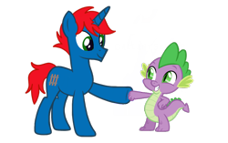 Size: 1098x691 | Tagged: safe, artist:gallantserver, artist:ry-bluepony1, spike, oc, oc:train track, dragon, pony, unicorn, g4, base used, claw, fist bump, hair, horn, mane, raised hoof, show accurate, simple background, tail, transparent background